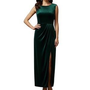 Vtg VICTOR COSTA Dark Green Stretch Velvet Faux Wrap Low-Back EVENING Dress Sz M